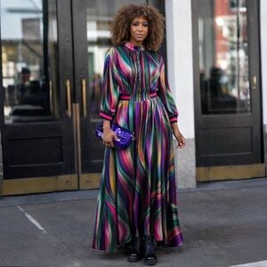 [m] Dress Multicolour Abstract Print Maxi Stretch Waist Long Sleeve colourful